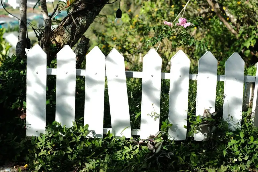 White picket fence in a green garden