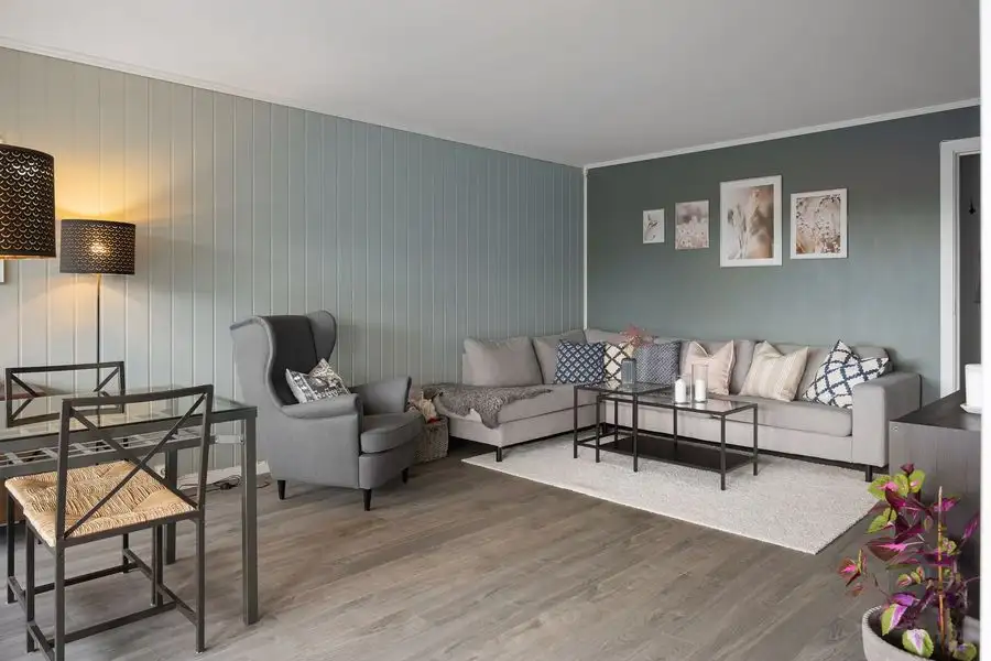 Living room with grey-blue painted walls